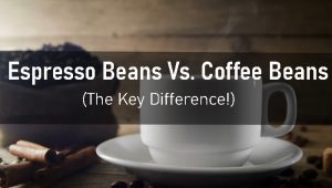 espresso beans and coffee mug