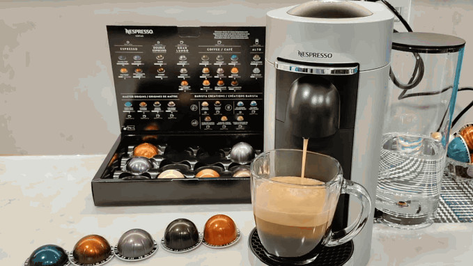 Nespresso VertuoPlus Deluxe by De'Longhi is brewing coffee